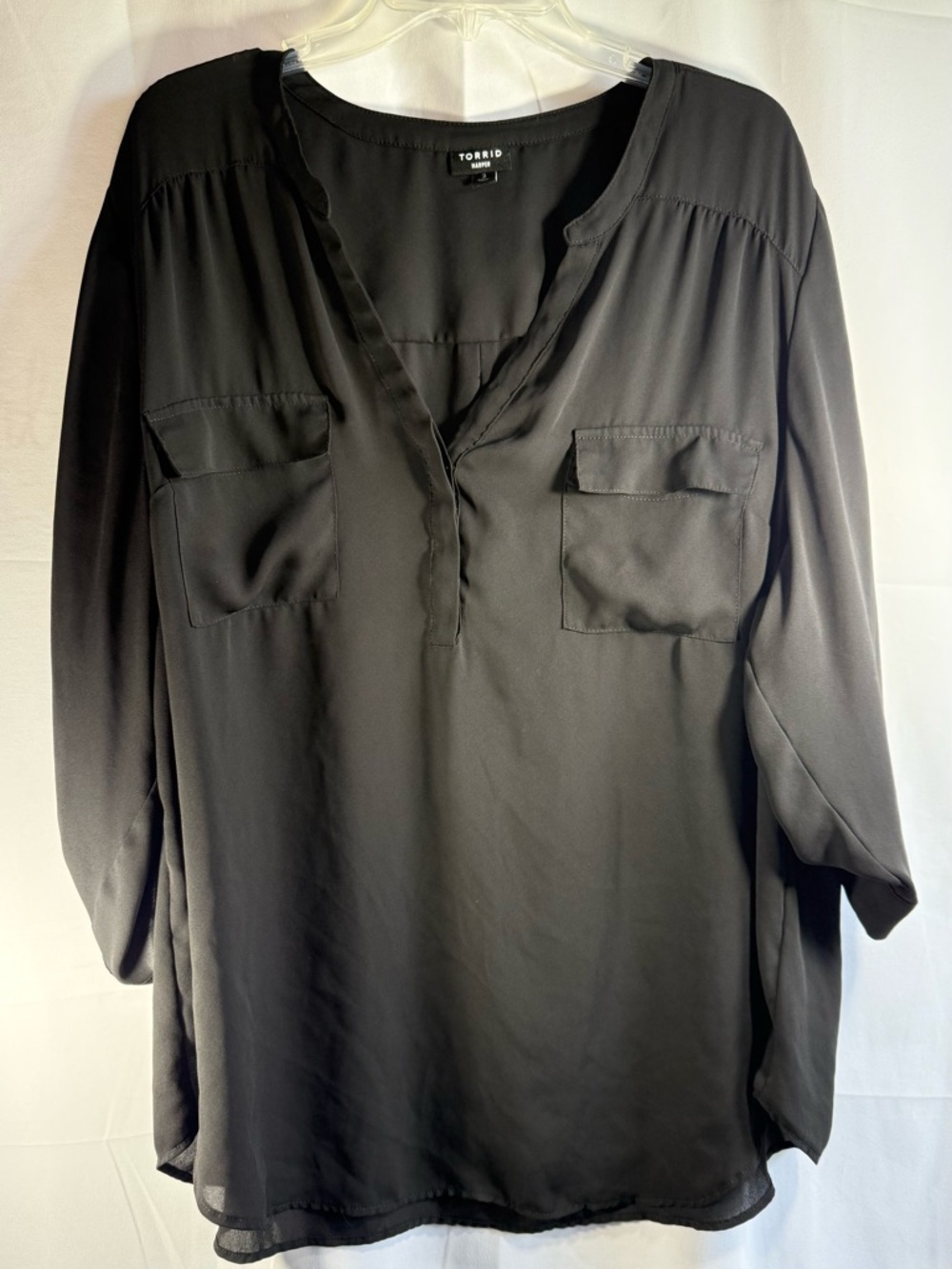 Torrid Black Split-Neck Roll-Sleeve Semi-Sheer Blouse Size 3 (3X) - Picture 3 of 11